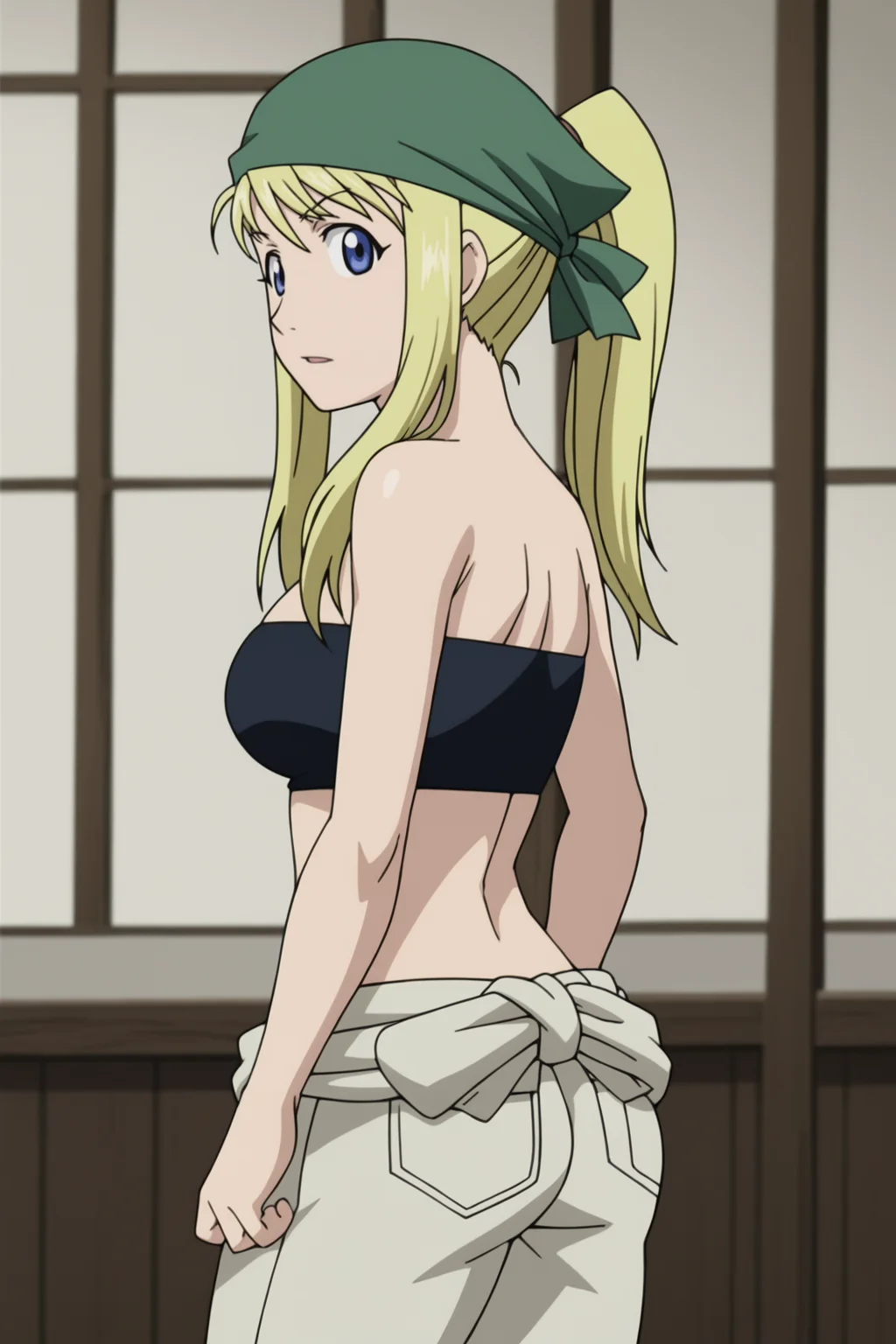 score_9, score_8_up, score_7_up, source anime, prefect lighting, very aesthetic, BREAK, anime coloring, anime screencap,
âââ <lora:winry_rockbell_v1-pdv6:1>, 1girl, winry rockbell, fullmetal alchemist, blue eyes, blonde hair, ponytail,
winwork, black tube top, bandana, jumpsuit around waist, midriff,
BREAK, looking at viewer,
BREAK, looking back, distracted, aloof, oblivious