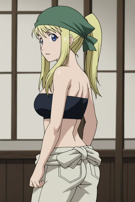 score_9, score_8_up, score_7_up, source anime, prefect lighting, very aesthetic, BREAK, anime coloring, anime screencap,
âââ <lora:winry_rockbell_v1-pdv6:1>, 1girl, winry rockbell, fullmetal alchemist, blue eyes, blonde hair, ponytail,
winwork, black tube top, bandana, jumpsuit around waist, midriff,
BREAK, looking at viewer,
BREAK, looking back, distracted, aloof, oblivious