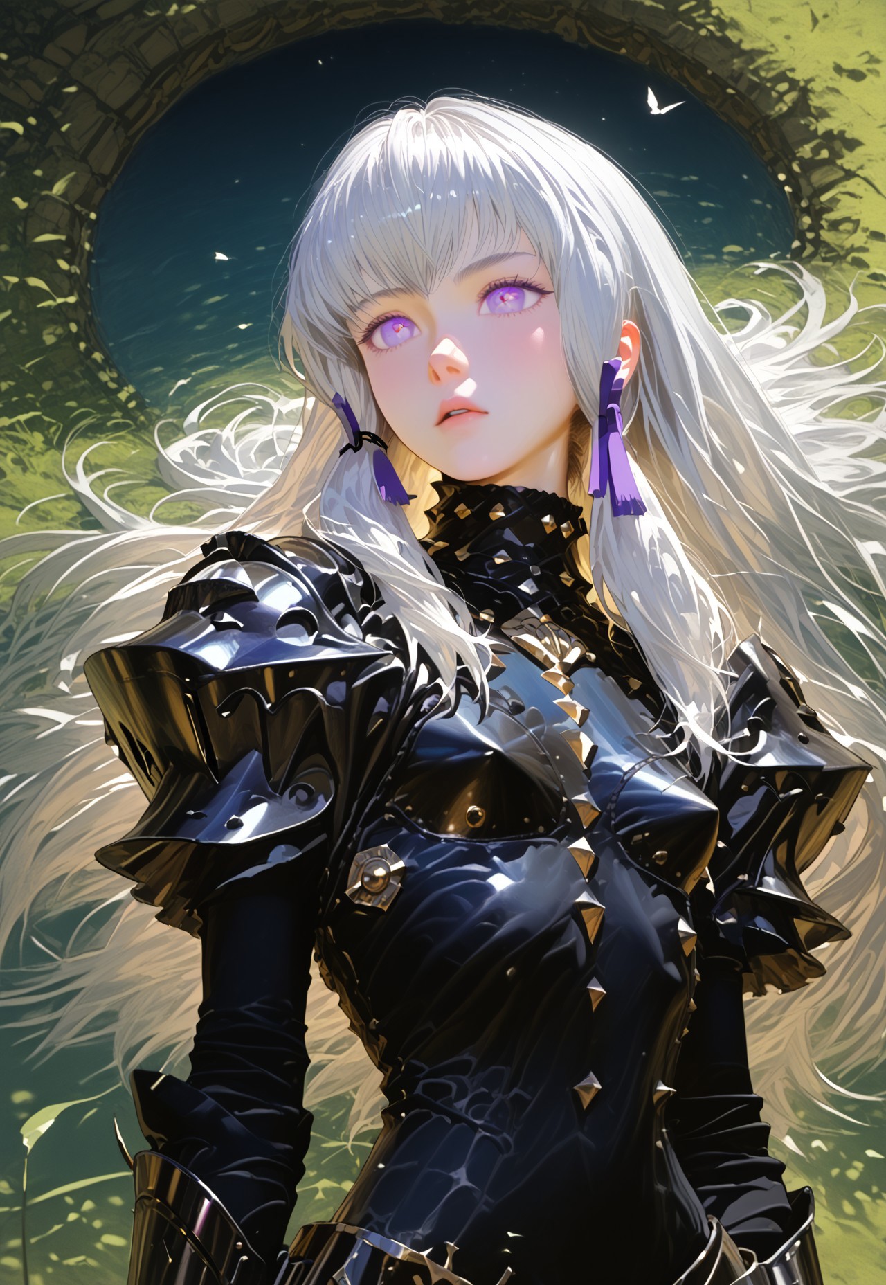 safe_pos, score_9, score_8_up, score_8. score_9, score_8_up, score_7_up, score_6_up, masterpiece, 4k, high quality, (best quality:1.1), ExpressiveH,
1girl, , purple eyes, white hair, lysithea von ordelia, small breasts, petite, detailed background, depth of field, vibrant colors, , detailed eyes, riding a steed, black armor, spiky armor, dark knight, armored horse, black horse, purple magic aura, dark ambience,