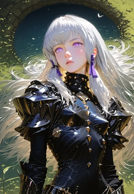 safe_pos, score_9, score_8_up, score_8. score_9, score_8_up, score_7_up, score_6_up, masterpiece, 4k, high quality, (best quality:1.1), ExpressiveH,
1girl, , purple eyes, white hair, lysithea von ordelia, small breasts, petite, detailed background, depth of field, vibrant colors, , detailed eyes, riding a steed, black armor, spiky armor, dark knight, armored horse, black horse, purple magic aura, dark ambience,