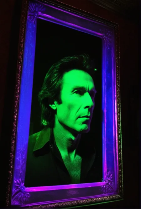 metaphysical style Analog photo of magic mirror in Clint Eastwood's Hollywood mansion allowing him to see his personal egregore avatar looking back at him from the mirror dimension, chiaroscuro blacklight, deep blacks, strbe lights 
<lora:LCM-LoRA-XL_V1:0.21>
<lora:SDXLHighDetail_v5:0.3>
 <lora:sdxl_photorealistic_slider_v1:1.2>  . surreal, eerie, uncanny, detailed