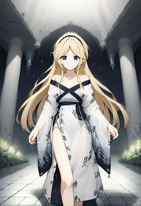 core_9, score_8_up, score_7_up,
BREAK source_anime, best quality, masterpiece, rating_safe, uncensored, High quality, 8k, Ultra detailed, insanely detailed, beautiful, prefect lighting, 1girl,
BREAK yukariadv, very long hair, blonde,
hanfu01,off shoulder,
BREAK (Cave, firewood, fire, water droplets, stone bed, rough floor,Cobblestone wall),