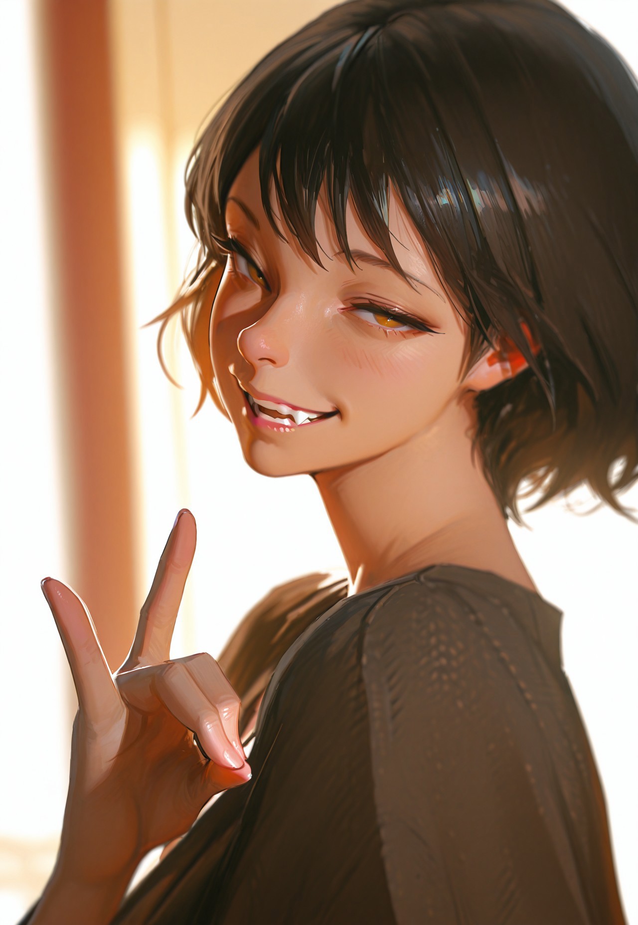 masterpiece, ultra-HD, cinematic lighting, photorealistic, impressionism (1.5), high detail, depth of field, (blurred background), (dramatic lighting),masterpiece, best quality, very aesthetic,8k,masterpiece, best quality,realistic, masterpiece, best quality, 8k,, usnr, 1girl,solo, looking_at_viewer, [smirking], excited, mouth open, finger_heart gesture, [Pink_background], white_background, dutch angle, side view,
