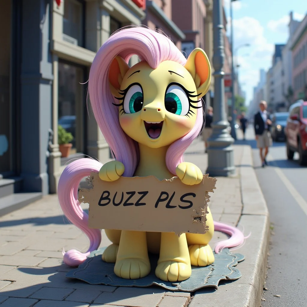 realistic photo of fluttershy mouth open, homeless, dirty, innocent looking, fluttershy holding a torn cardboard with "BUZZ PLS" written, standing on the sidewalk of a busy city street