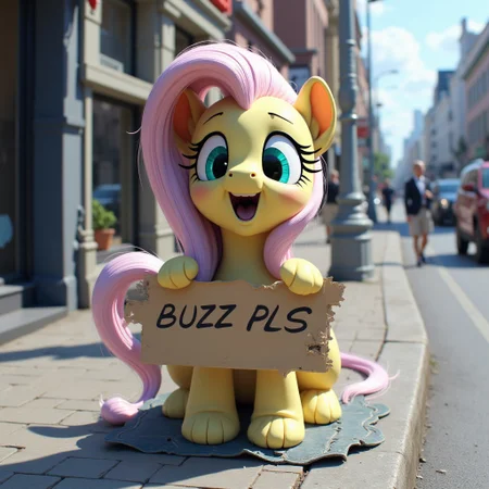 realistic photo of fluttershy mouth open, homeless, dirty, innocent looking, fluttershy  holding a torn cardboard with "BUZZ PLS" written, standing on the sidewalk of a busy city street