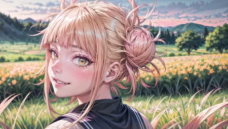 1girl, (perfect hands:1.2), (Solo:1.3),  portrait, closeup, view from the back, blond hair, does not look at the viewer, standing on the roof, cute smiling, amazing eyes, detailed eyes,
sunset, amazing background, stands in the center, best shadows, strong depth of field, fields, hill, greenery, grass,
<lora:TogaHimikoLoRA:1>, (realistic:1.3), epic realistic, detailed, 4k, <lora:add_detail:1>