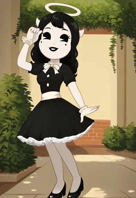 (Masterpiece, best quality:1.2), score_9, score_8_up, flat color, flat shading, soft shading, lighting, Alice Angel in a 1950's dress with a button down top, a fluffy frilly ruffled full petticoat, and high heels, dress, layered petticoat, frilly petticoat, fluffy petticoat, full petticoat, wide dress, flowing dress, solid colored skirt, short sleeves, black hair, Bendy and The Ink Machine, series accurate, cute, best high quality, high res, black lips, white colored skin, whole body shot, 1girl, solo, outside, standing straight, in a garden, cute, adorable, smile, low angle upskirt shot, cartoon, cartoon style, vector, solo, circle dress, 1950s, alice angel