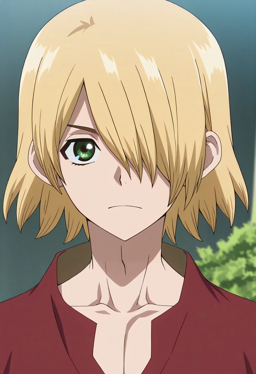 masterpiece, best quality, intricate details, anime screencap, anime coloring, official style, looking at viewer, 1boy, solo, male focus, <lora:ginrou_dr_stone_ilxl:0.96>, ginrou_dr_stone, blonde hair, green eyes, short hair, hair over one eye, ,
