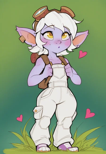 w311ingt0n, masterpiece, best quality, solo, tristana\(league_of_legends\), white hair, ultra detailed yellow eyes, white overalls, purple skin, love hearts, backpack, goggles, seated on grass, silly expression, grassy fantasy background