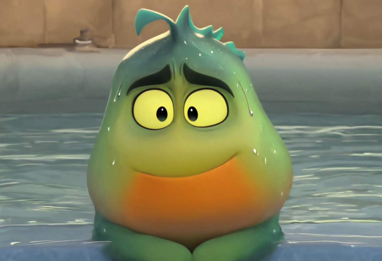mrpiranha, 3d, cgi, male, green orange skin, two tone skin, fins, thick eyebrows, best quality, black pupils, closed mouth, cute, shortstack, yellow sclera, movie accurate, perfect, looking at viewer, sweating, wet, pool, water, Expressiveh, detailed background, high res, bluray, cinematic, shading, shaded, masterpiece,