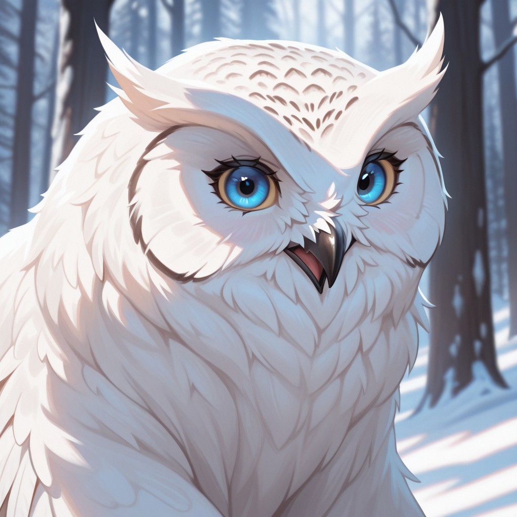 masterpiece, best quality, amazing quality, very aesthetic, solo, upper body,
owlbear, feral, owl's head, bear's body,
1 female, white fur, blue eyes,
looking at the viewer, posing,
fantasy background, blurred background, snow forest,