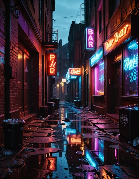 A highly detailed and realistic photograph of a dark alleyway behind a bar at night. The narrow passage is dimly lit by a flickering neon sign casting a moody red and blue glow onto the wet pavement. The walls are made of old, weathered brick covered in graffiti, with metal fire escapes zigzagging above. Trash bags and discarded crates are scattered along the alley, and a few puddles reflect the neon lights, adding depth to the scene. A single, dented metal door with a small, barred window leads into the back of the bar, with a faint warm light seeping through the cracks. The air is thick with mist, and the distant hum of the city is broken only by the occasional drip of water from a rusted drainpipe. A sense of mystery and urban grit fills the atmosphere, evoking a cinematic, noir-style aesthetic.
<lora:SDXLFaeTastic2400:0.4> <lora:extremely_detailed:0.4> extremely detailed, <lora:all3yway-ill:1>,all3yway, Masterpiece,best quality,hi res,8k,hi res,8k,award winning,(sharp focus, intricate, highly detailed),