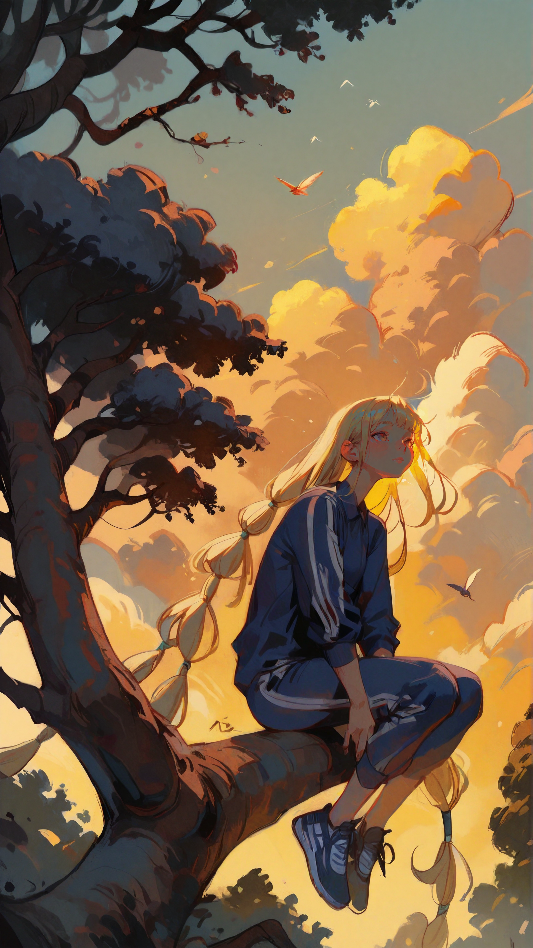masterpiece, newest,absurdres,incredibly absurdres, best quality, amazing quality, very aesthetic, 
1girl, very long hair, blonde, multi-tied hair, center-flap bangs,  sunset, cumulonimbus cloud, old tree,sitting in tree, dark blue track suit, adidas, simple bird, 
  <lora:BlueFley_Style_-_Illustration:1> by_bluefley <lora:style1_v1_Illusv2.0_1:1> stylized