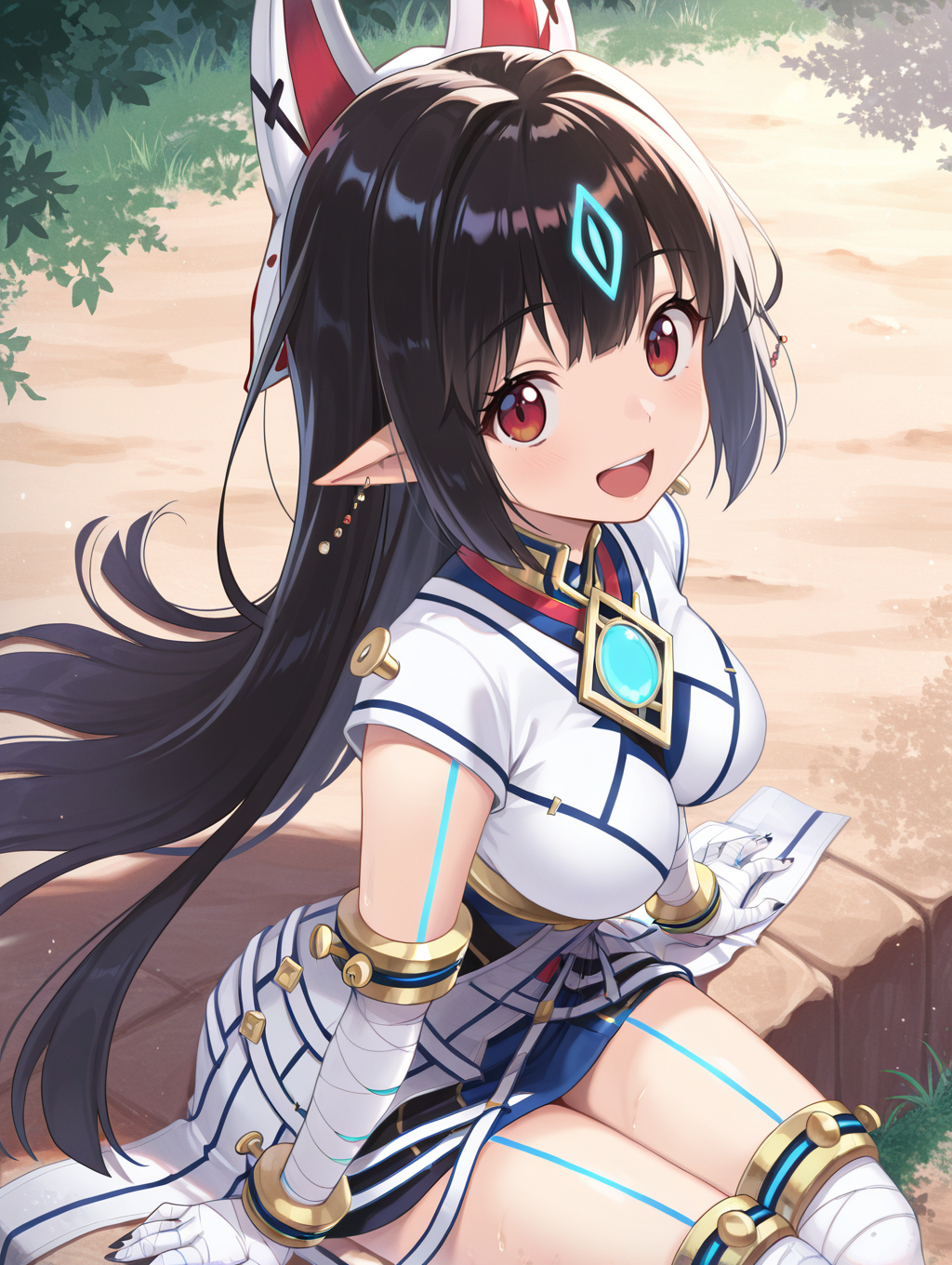 kasandra \(xenoblade\),1girl,solo,smile,looking at viewer,open mouth,fox mask on head back,white japanese dress,white bandaged gloves,from above,ball earrings,blue body tattoo,blue chest jewel,sitting,outdoors,
masterpiece,best quality,amazing quality,very aesthetic,absurdres,newest,<lora:Xenoblade Chronicles 2 - Kasandra illusXL v1.2:0.75>,