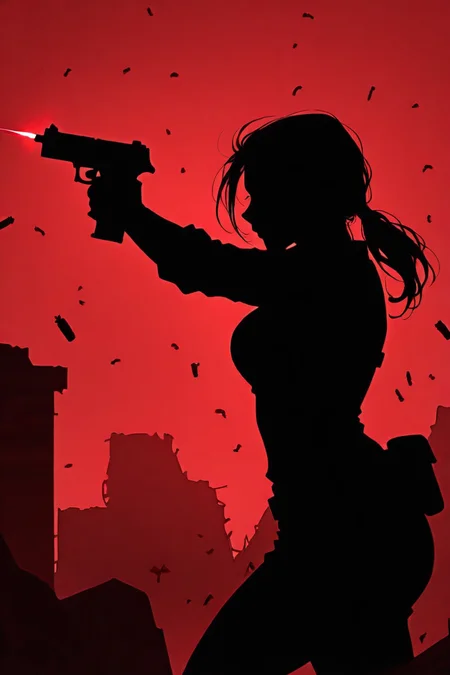 score_9, masterpiece, best quality, amazing quality, very aesthetic, absurdres, newest, ultra-detailed, sharp focus, depth of field, dynamic composition, side view, cinematic shot, Lara Croft_\(tomb_raider\), 1girl, solo, ponytail, cowboy shot, shooting a gun, shooting bullet, action shot, dramatic pose, silhouette, ancient archeological ruins, red theme, red light scatter, suspenseful tension, poster aesthetics, dramatic shadows, c0mix, artist:moriimee