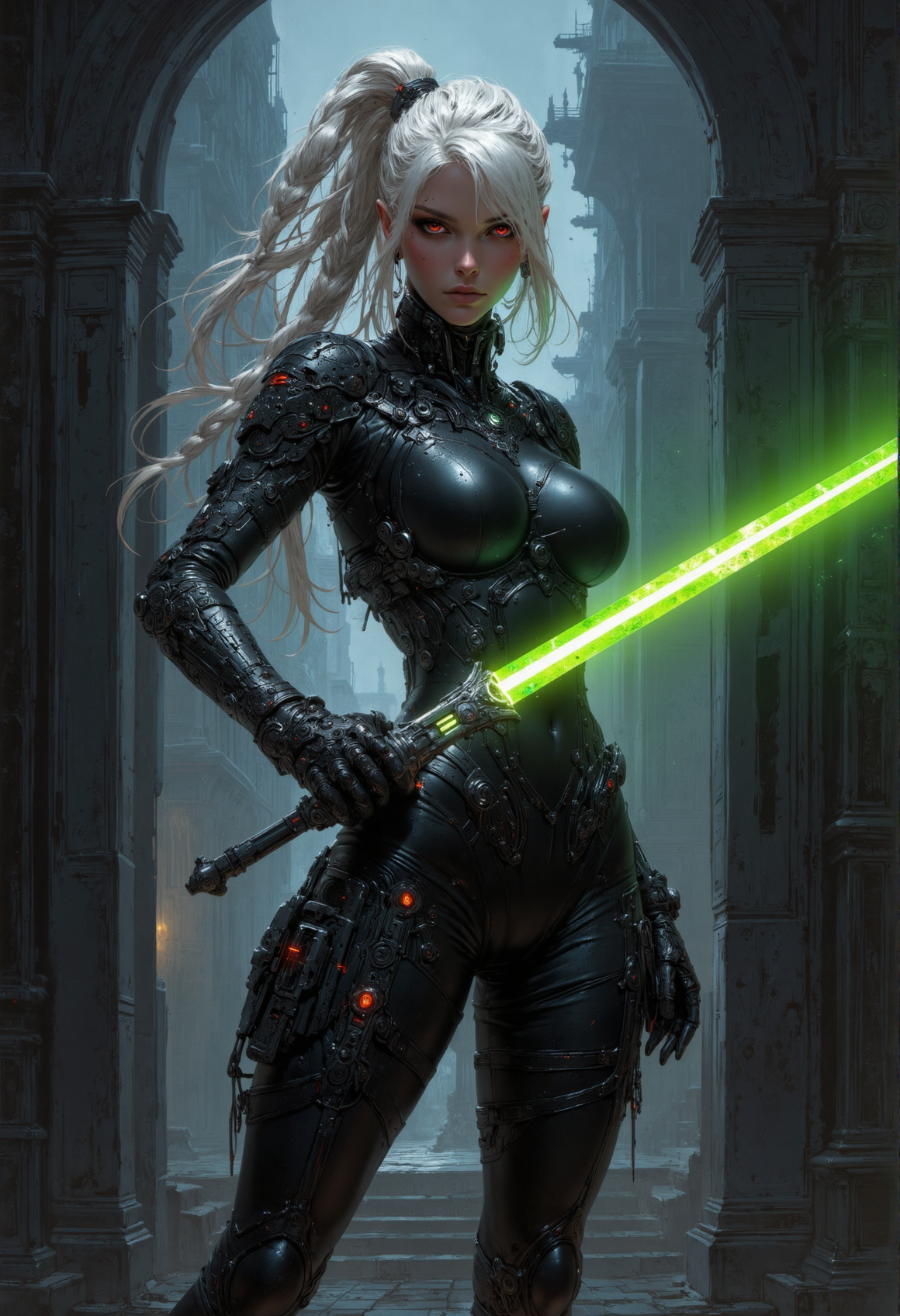 cybernetic style fantasy style, , 1girl, young, high braided  ponytail , platinum hair,  grim dark futuristic assassin, seductive, black skin tight bodysuit, slim  body, small waist, gloves, leather elbow gloves, jewelry ,(solo), pale skin, curvy body, freckles, athletic body, , , slim waist,, untouched beauty, clear, lively, detailed face, upper body accent, dark makeup, goddess,, seductive look,gothic  Victorian influence
dynamic action pose
she is swinging the viewer  with a long green blade
her eyes are augmented and cybernetic glowing red eyes that pierce through the darkness
background of a darkened futuristic  palace
<lora:CPA:0.6>low-key lighting, atmospheric haze, underexposed, cinematic darkness, deep shadows . futuristic, technological, cybernetic enhancements, <lora:artisketchyfs-v02:0.5> <lora:FluxMythV2:0.7>