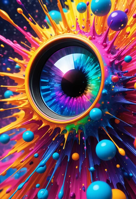 ink splatter, ultra-precise photography, DayGlo colors, celestial pilgrims, macro lens, grainy texture background, lens flare abuse, surreal, hyper-realism, vibrant, cinematic, futuristic, detailed, sharp, soft contrast, resplendent