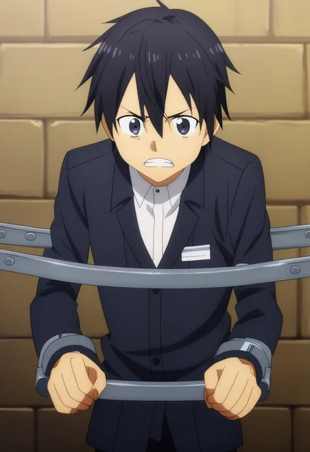 high resolution, professional photography, solo, best quality, 1Boy, Kazuto Kirigaya, Black Hair, Black Eyes, arrested, restrained, struggling, OverallDetail