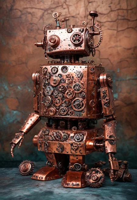 masterpiece, best quality, absurdres, cute copper gear robot tea party, made out of copper gears, made out of copper, copper texture