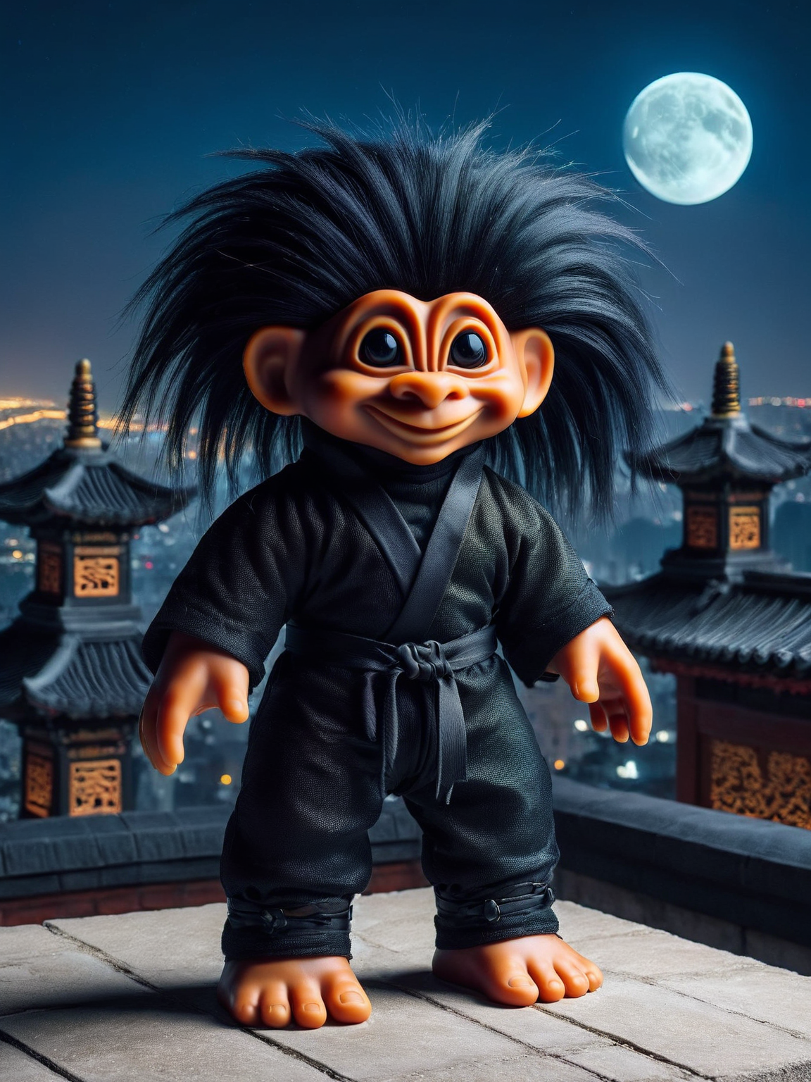 ais-trollz ninja, with a piercing and enigmatic gaze, in sleek black attire with silent, agile ninja footwear, wielding nunchucks on a moonlit rooftop. An ancient cityscape with shadowed pagodas looms in the background, adding to the secretive aura <lora:Trollz_2:1>