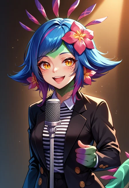 score_9, score_8_up,score_7_up,score_6_up, source_anime,
BREAK
n33ko,
colored skin,green skin,hair ornament,hair flower,multicolored hair,lizard tail, medium breasts,
IncrsNeverGonnaGiveUUp, smile, looking at viewer, open mouth, microphone stand, upper body, black jacket, striped shirt, suit, open jacket
<lora:Neeko_potat-v5:0.9> <lora:NeverGonnaGiveYouUp_XLPD:0.8>