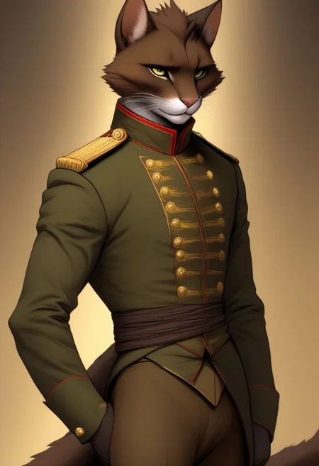 Fit, sleek, tabaxi, male, army uniform, dancer, elegant, leader, calm, dark brown fur, sleek tail, thin tail