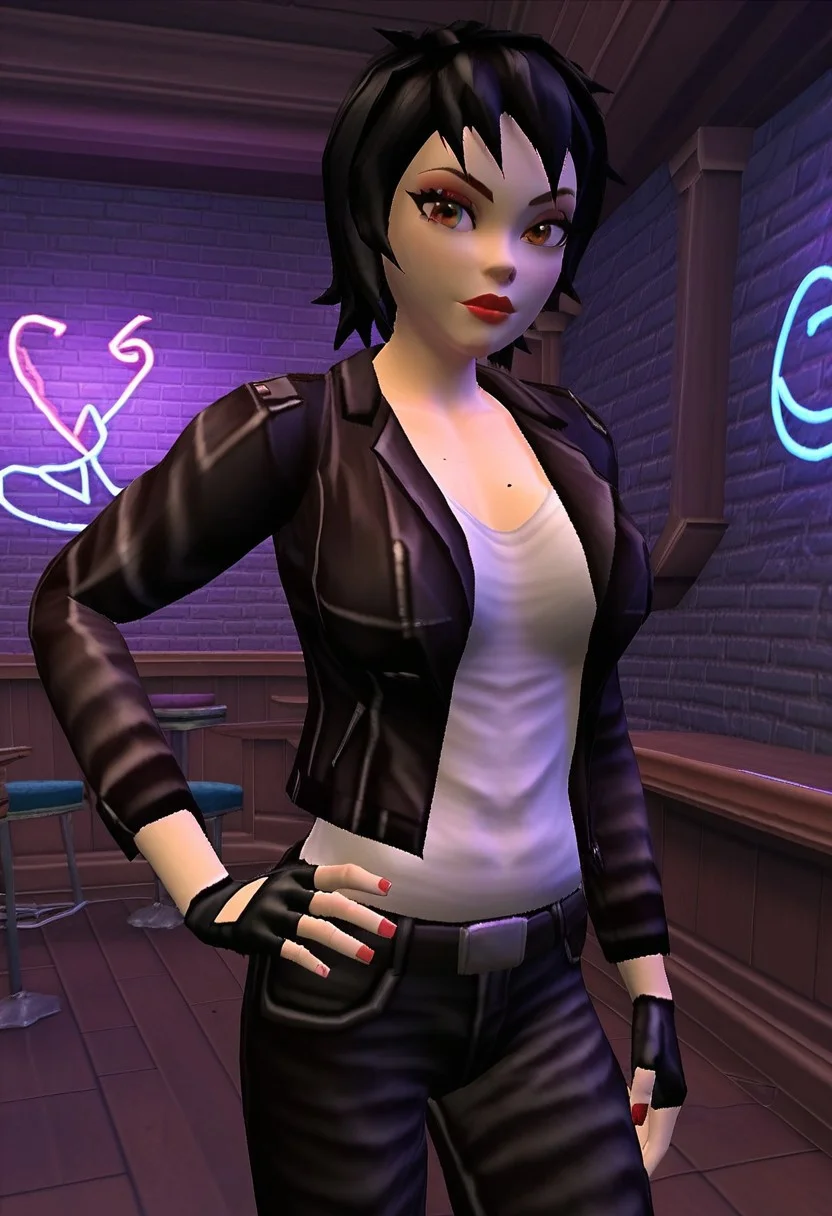 score_9, score_8_up, score_7_up, 1girl, solo, suzi_camaro, pale-skinned, black_hair, black jacket, leather_jacket, fingerless_gloves, leather_pants, leather belt, belt, leather, short_hair, white shirt, makeup, red lips, right hand on hip, cowboy shot, looking at viewer, indoors, nightclub, bar, ((((detailed_background)))), (((dynamic pose))), high_definition, (perfect anatomy), (perfect face), (3d),Expressiveh, best quality, masterpiece