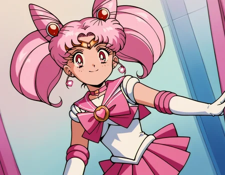 score_9, score_8_up, score_7_up, source_anime, <lora:chibiusa-tsukino-s3-ponyxl-lora-nochekaiser:1>, chibiusa, cone hair bun, double bun, hair bun, hair ornament, pink eyes, pink hair, short hair, twintails, circlet, parted bangs,, bow, brooch, choker, earrings, elbow gloves, gloves, heart, heart brooch, magical girl, pink bow, pink choker, pink sailor collar, pink skirt, pleated skirt, sailor collar, sailor senshi uniform, skirt, stud earrings, white gloves,, indoors, smile, looking at viewer, solo,, cowboy shot, dutch angle