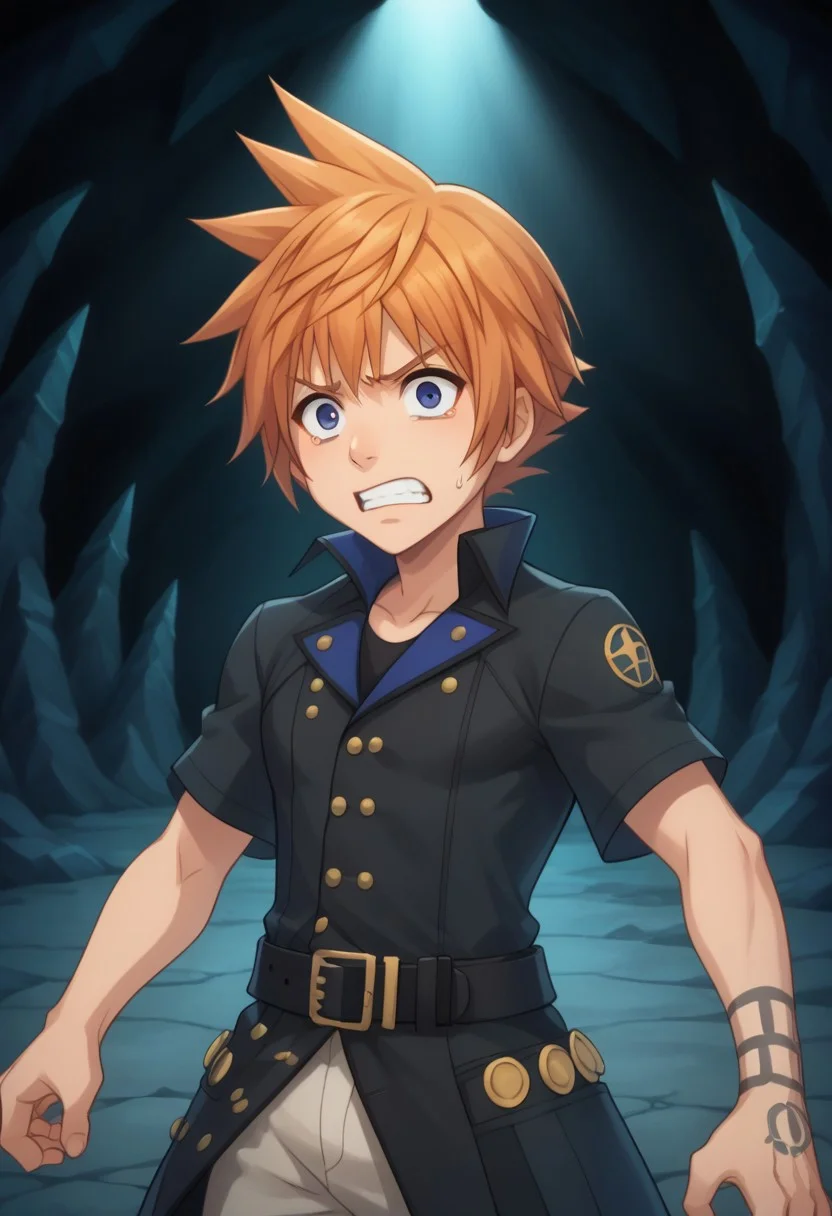score_9, score_8_up, score_7_up, source_anime, highly detailed,
lannff,
solo, 1boy, male focus, spiked hair, belt, orange hair, standing, buttons, coat, pants, short sleeves, buckle, black coat, belt buckle, upper body, scared, fear, panic, parody, arms at side,
indoor, cave,