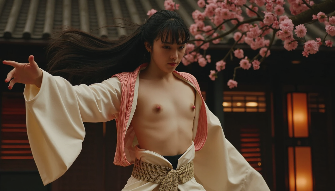 A dynamic cinematic shot of a young Asian woman in a completely  open, flowing kimono, exposing  her perky nipples and belly by the frost  mid-action in a fighting stance. Her hair moves dramatically with the motion, and her intense expression reflects focus and determination. The background features a dimly lit traditional Japanese setting with cherry blossoms and lanterns, adding a soft glow. High contrast, sharp focus, and dramatic lighting highlight her movement and details, creating an action-packed, cinematic feel. 