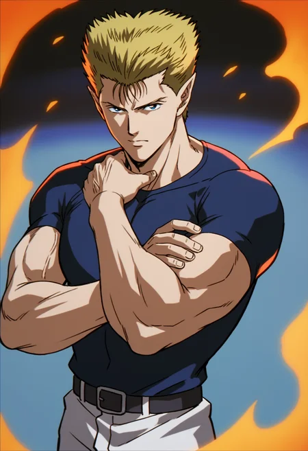1boy, zeru_yuyuhakusho, tight blue t-shirt, blonde hair, white pants, pointy ears, veiny arms, manly, muscular, big muscle,score_7_up, score_6_up, score_8_up, score_9_up, looking at viewer, detailed eyes, 8k uhd, high quality , fighting arena, standing, open arm, fire on hand, close_up, <lora:Zeru:0.6>, <lora:umikochannartv2:0.4>,  First-person perspective, pov,