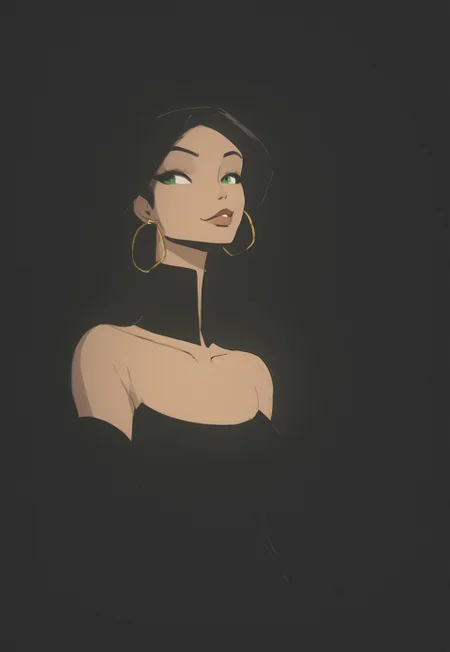 jjco, (Blend_in, black background), score_9, score_8_up, score_7_up, masterpiece, best quality, absurdres, vibrant, highly detailed, very aesthetic, (sidelightning), upper body, mature, beautiful, stunning, 1girl, solo, gorgeous 39-year-old Russian MILF, green eyes, long silky black hair, parted bangs, thin gold hoop earrings, black satin choker band, (tanned skin:0.6), matte red lips, black evening dress, slit dress, elbow gloves, black clothes, bare shoulders, looking to the side, seductive smile, arms at sides