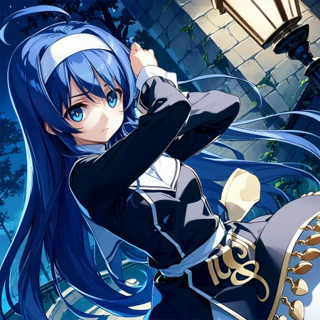 score_9, score_8_up,score_7_up,game cg,official art, uncensored, convenient censoring, covering privates,
rating_safe,, sexually suggestive,
modeling, expressive hair, expressive clothes,
dutch angle,
<lora:oriharaGA:0.8>
orihara,blue eyes, blue hair, hairband, long hair, huge ahoge,black dress,long sleeves, layered skirt,white pantyhose,
upper body,
night,shadow, moonlight,blue moon