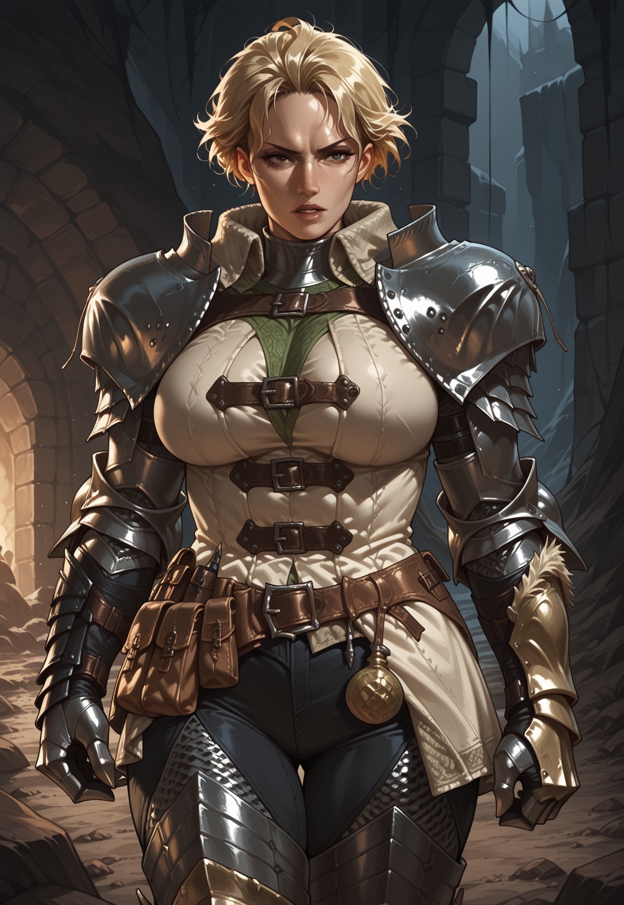 masterpiece, best quality, realistic, serious, parted lips, 1girl, solo, oliviamhw, blonde hair, short hair, big breasts, tunic, pants, chainmail, shoulder armor, gauntlets, leg armor, belt, pouch