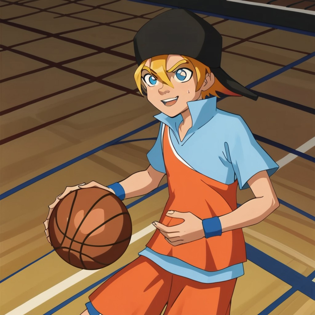 1boy, solo, leo, black cap, blonde hair, cyan eyes, playing basketball, basketball court