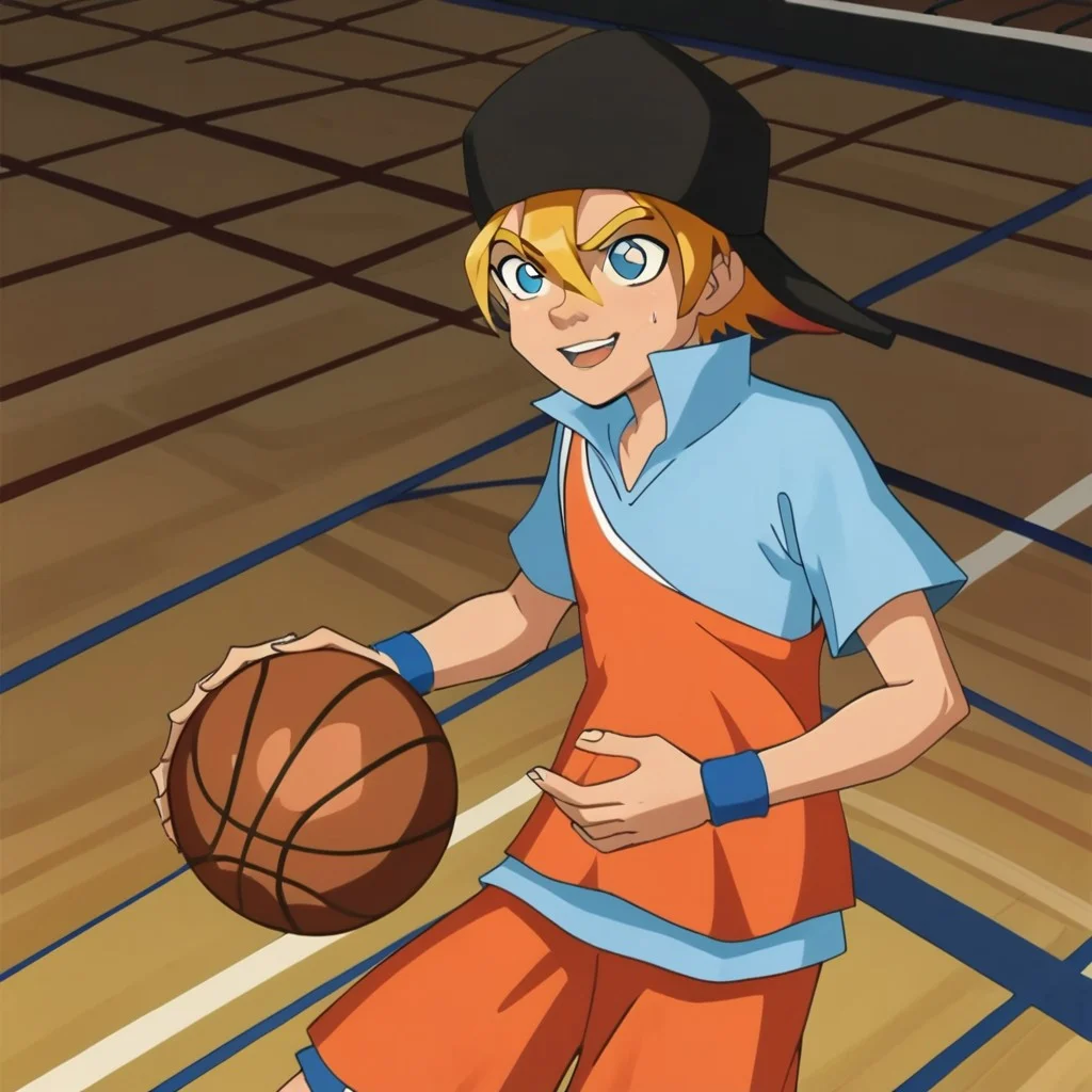 1boy, solo, leo, black cap, blonde hair, cyan eyes, playing basketball, basketball court