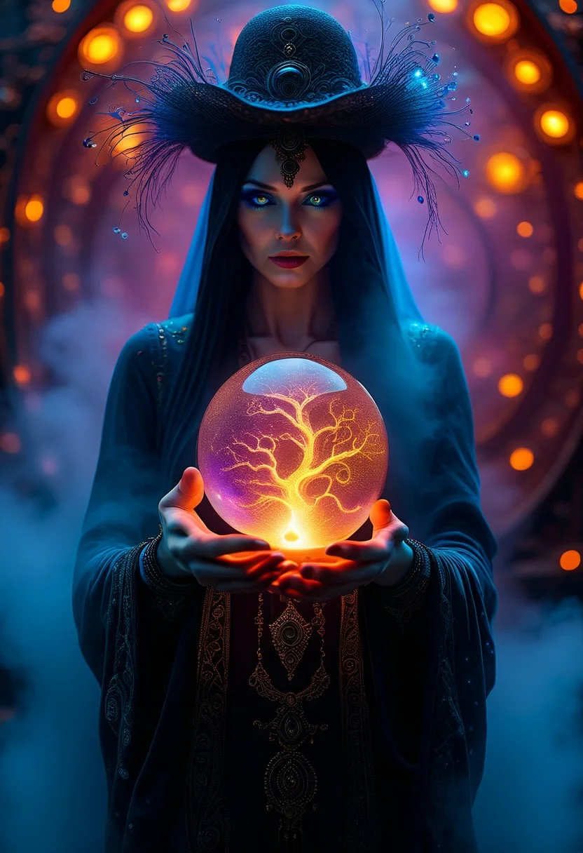 a highly detailed, digitally rendered CGI image featuring a dark fantasy theme. The central figure is a woman with long, wavy, dark hair and striking blue eyes, illuminated by an eerie, glowing light. She is wearing a large, black, wide-brimmed hat adorned with small, glowing gemstones and intricate patterns. The woman is dressed in a dark, flowing robe with hints of red and gold, adding to the mystical atmosphere. Her right hand, which is prominently featured in the foreground, is adorned with ornate, dark rings and she is holding a glowing, magical orb. The orb emits vibrant colors of red, blue, and purple, with intricate, glowing runes and symbols etched into its surface. Smoke or mist emanates from the orb, adding to the enchanting and otherworldly feel. The background is blurred, filled with warm, orange and yellow lights, possibly indicating a magical or enchanted forest. The overall color palette of the image is dark with contrasting bright, glowing elements, enhancing the mystical and mysterious mood. The texture of the woman's clothing and the orb is smooth and reflective, while the background is more blurred and abstract.