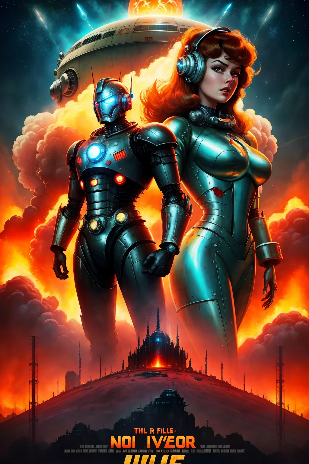 (movie poster:1.2) 50s style retro killer iron robot from_below from_side spaceship above explosions in the sky powerful dutch angle (AtomPunkStyleSD15:1.0)
(masterpiece:1.5) (painting:1.1) (best quality) (detailed) (intricate) (8k) (HDR) (wallpaper) (cinematic lighting) (sharp focus)