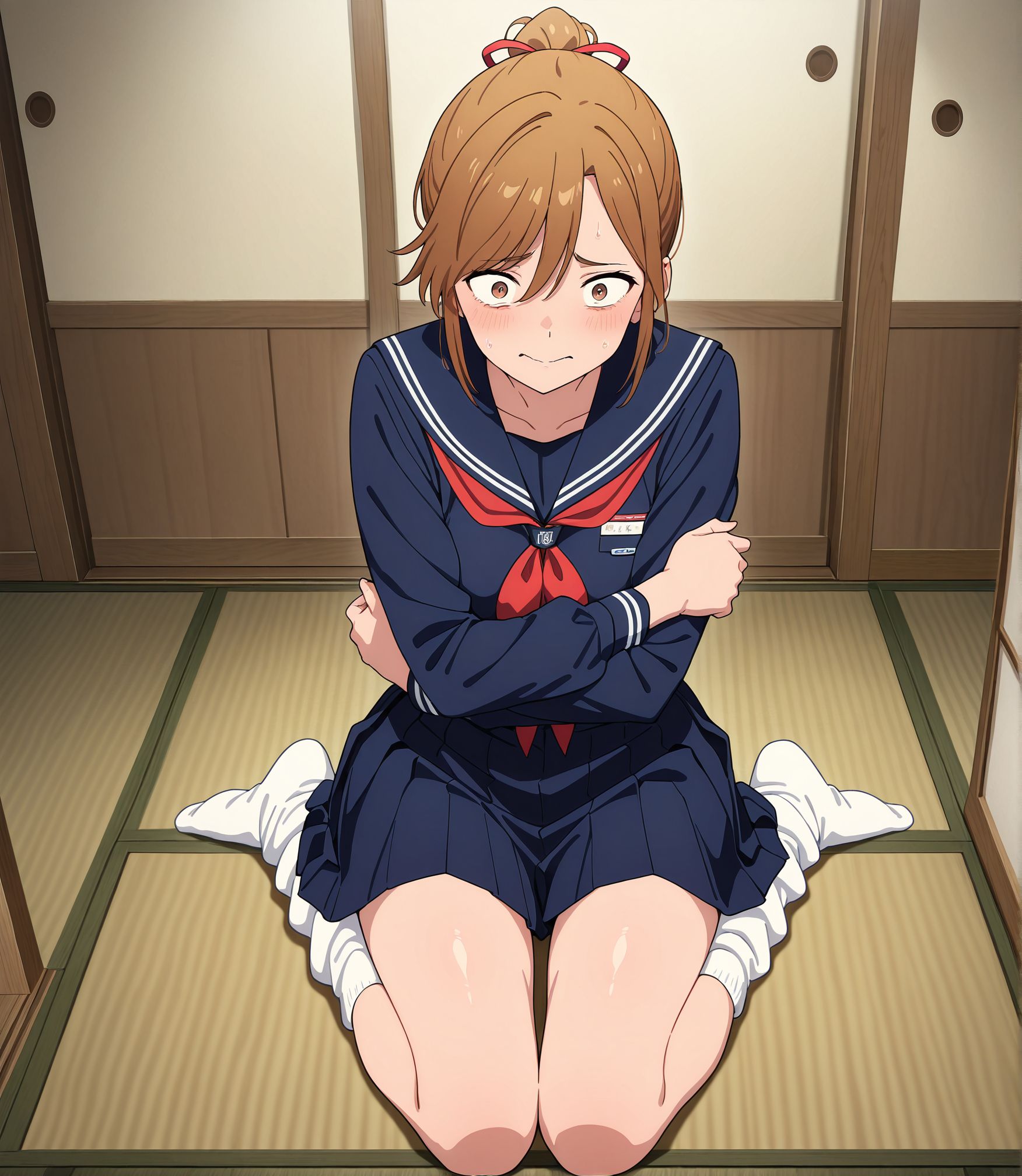 masterpiece,best quality,amazing quality,very aesthetic,absurdres,newest, huge filesize,
<lora:spo_sdxl_10ep_4k-data_lora_webui:0.5>,anime coloring, 
<lora:AKI_Lonely_Castle_in_the_Mirrorr:1>
1girl,  yellow and brown hair,
short hair,tied hair,
sailor uniform,navy blue outfit,
red ribbon,
white socks,
loose socks,
sitting pose,
nervous expression,
crossed arms,
kneeling,
old japan house, tatami,