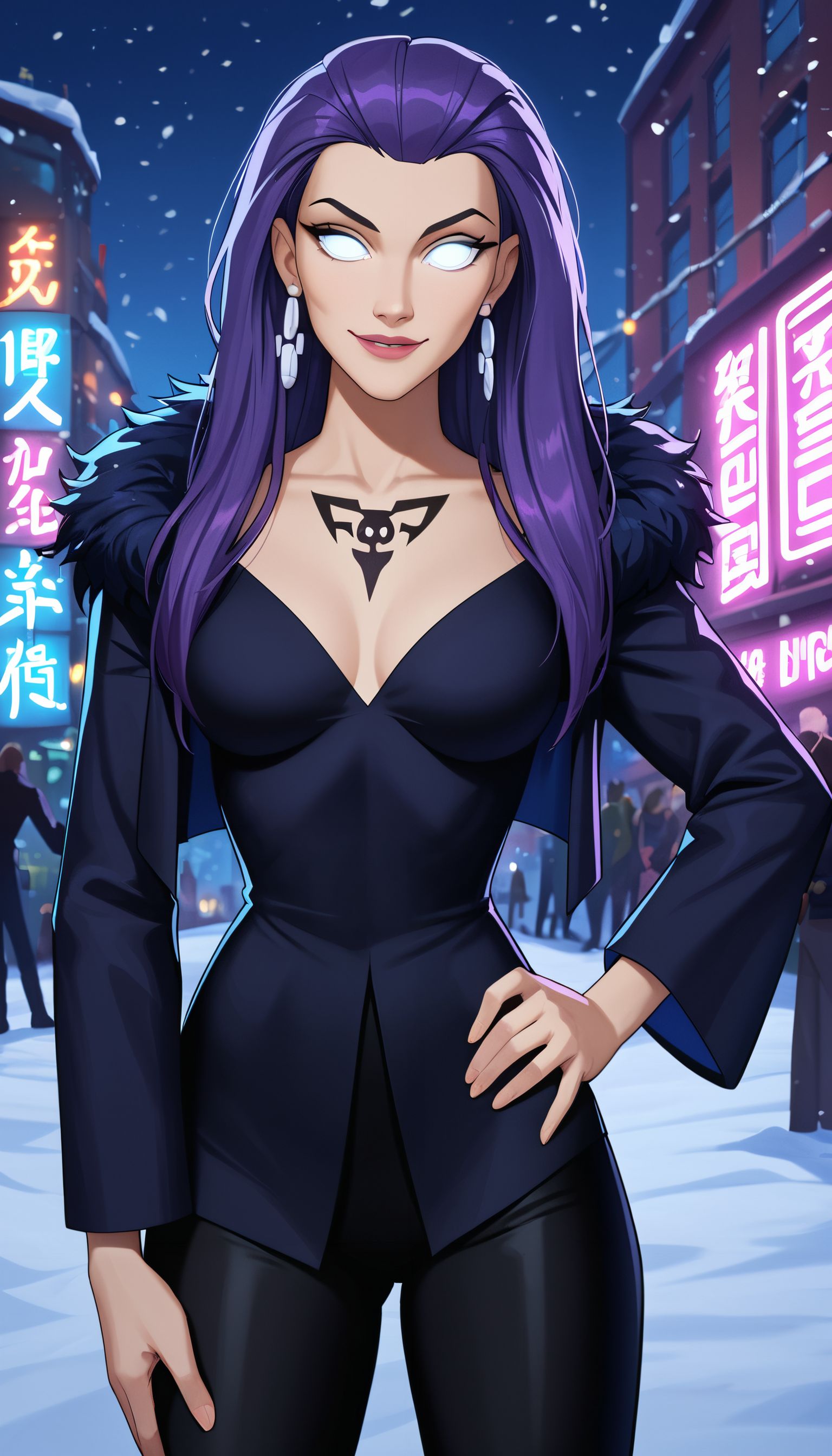 zPDXL3,  <lora:Tala_-_DCAU:.8>,
Tala, woman, earrings, long purple hair, white eyes, no pupils, medium breasts, black jacket, long sleeves, fur trim, black leggings, looking at viewer, smiling, standing, outside, city, snow, neon lighting, night time,