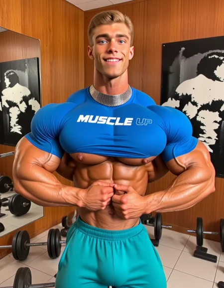 A modern high-resolution photograph of a tall male (18-20) masculine bodybuilding male with athletic body and face, he is wearing a royal blue shirt an pants. His physiques is masculine and with exaggerated bodybuilder muscles physique, he wears a silver dog collar. Hands up he smiles pulling his teal shirt to exposing his underboob and abs by lifting his shirt. the man is in a gym. the man is positioned centrally in the frame. he has high-fade top hair and a light complexion. his shirt has the white text "Muscle Up" printed the front. his facial expression is neutral.
the background shows a well-equipped gym with a wooden panelled wall and a large mirror on the left side. various fitness equipment, including dumbbells and a barbell, is visible on the left side of the image. there are two large mirrors on the left wall, one above the other, reflecting the gym's interior. the floor is tiled, and the lighting is bright, suggesting it is daytime. a black and white poster of a person in a workout pose is mounted on the wall behind the man, adding to the gym's ambiance. the overall setting is a typical gym environment, with a focus on strength training. the photograph has a realistic, candid quality, capturing a moment of a person working out in a gym setting, young bodybuilder 