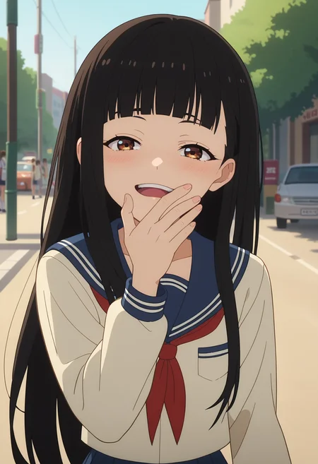 score_9, score_8_up, score_7_up, anime screencap, source_anime, 1girl, solo,
<lora:Kaju_Nukumizu_Makeine_V1:.85>, KJOkaju, black hair, brown eyes, blunt bangs, long hair,
black school uniform,
smug, hand over mouth, open mouth, head tilt, blush,
sunny, street,
(Beautiful, small Breasts:1.2),