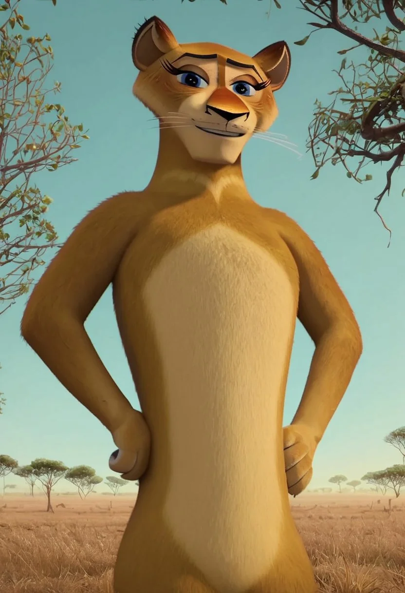 florrie_madagascar, 1girl, female furry, anthro, lioness, golden fur, eyelashes, blue eyes, whiskers, lion tail, score_9_up, score_8_up, score_7_up, BREAK, 1girl, solo, looking at viewer, cute, smirk, from below, hands on hips, head tilt, female focus, ultra detailed, detailed background, savanna background, masterpiece, best quality, 8k, Expressiveh, realistic, 3d,