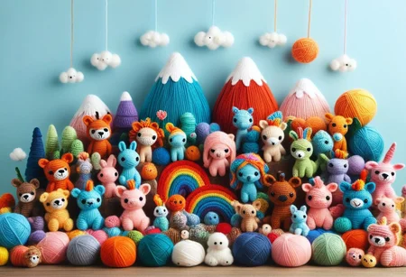 score_9, score_8_up, score_7_up, Yarnworld, rainbow colors, chibi animals, made of yarn, cute design,
colorful detailed background,