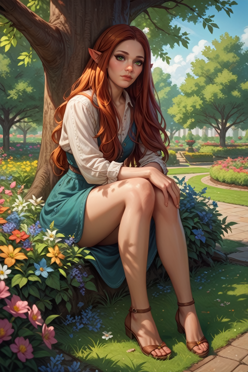 score_9, score_8_up, score_7_up, score_6_up
<lora:DVFRook:0.8>
DVFRook, 1girl, pointy ears, red hair, long hair, green eyes, looking at viewer, sitting, knees apart feet together , against tree, outside, garden, park, grass, flowers