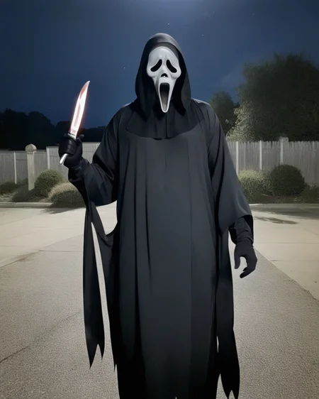 man, ghostface mask, ghostface costume,
black gloves, holding knife.
<lora:GhostfaceMask_v1_1:0.8>