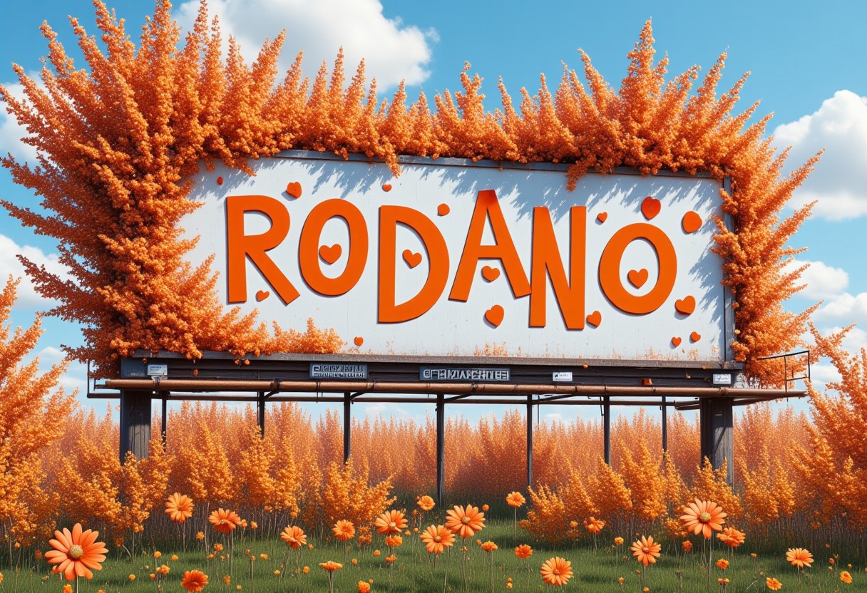 highly detailed, whimsical, wet glossy, airbrushed oil painting image of a billboard sign reading "VIOGNIER RODANO" the sign should include orange blossoms and honeysuckle awareness ribbons, orange flowers, hearts digital painting, ultra-detailed, cinematic. <lora:aidmaTextImproverV0.2:1> <lora:Detailer2K:0.65> <lora:Dever_Flux_Enhancer:0.50>