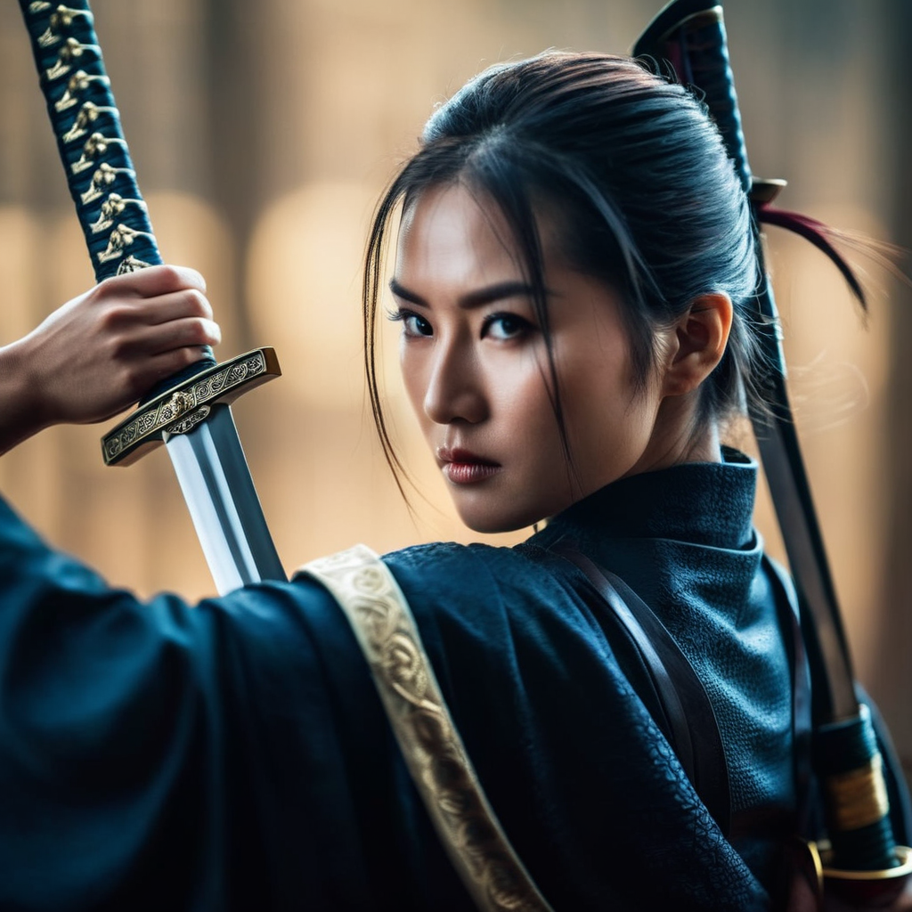 cinematic film still of  <lora:female samurai style:1.2>
an epic cinematic closeup photo of a woman holding a sword in front of her eyes female samurai style, shallow depth of field, vignette, highly detailed, high budget, bokeh, cinemascope, moody, epic, gorgeous, film grain, grainy