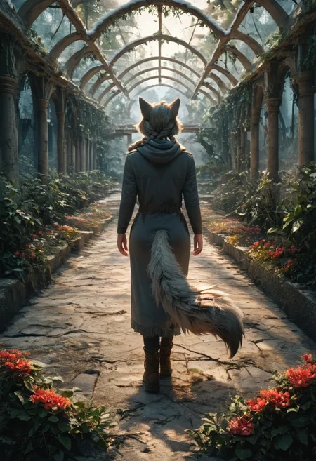 score_9, score_8_up, score_7_up,  fullbody, 1girl, furry, anthro, gray fur, wolf tail, wolf, solo, fullbody, backview, looking arround in wonder, masterpiece, best quality, very aesthetic, close up, gray hair, gray twin braids, green eyes, standing in the ruins of botanic garden with glass ceiling, overgrown, trees, frozen flowers, plants,  broken glas, snow patches ray of light, dark sky, low light, white snow, (postapocalyptic city), d, dark, worried, concerne, ragged winter clothes