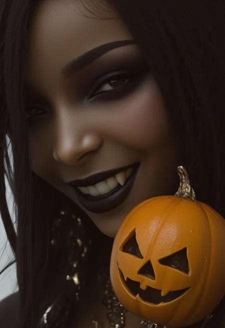 masterpiece, cinematic photography, highest quality, a smirking gorgeous 23yo African vampire woman, smokey eye make-up, black lipstick, fangs, carved orange pumpkin, extreme close-up face view, ArsMJStyle, dnddarkestfantasy, <lora:F4ngs>, <lora:DnD Darkest Fantasy>long tongue out